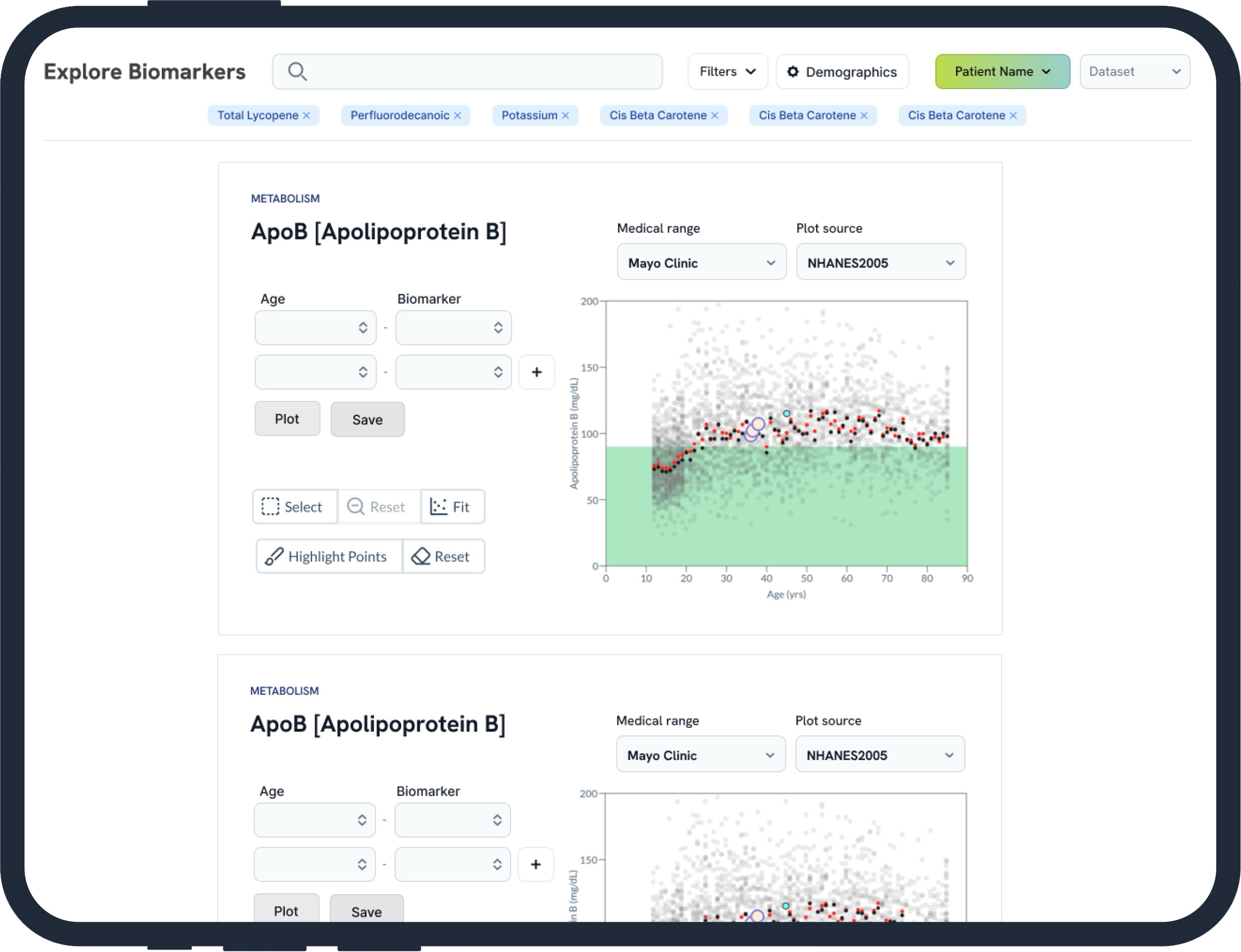 Aging Biomarkers interface on an iPad